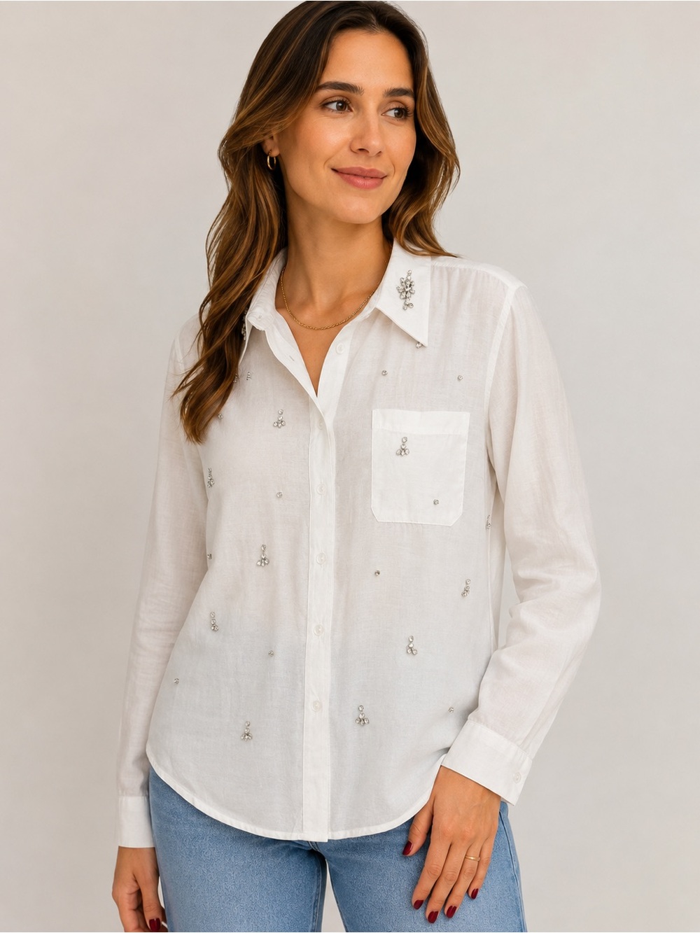 Sweet Rain Rhinestone Embellished White Button Down Shirt  M Jeweled Blouse